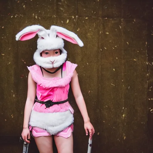 Prompt: a girl with a cute asian face in a rabbit outfit with a samurai mez stands in a low combat stock, depth of field, fantasy and cyberpunk stylization, focus on the foreground, 8 5 mm, f 1 6