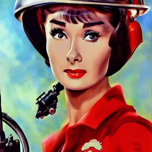 Image similar to ultra realistic portrait painting of audrey hepburn as a firefighter, art by frank frazetta, 4 k, ultra realistic, highly detailed, epic lighting.