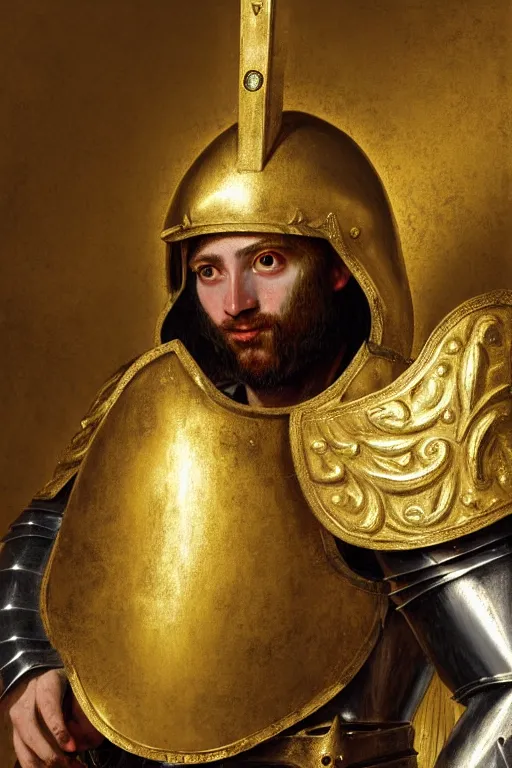 Image similar to man in decorated with gold in baroque style 15 century christian crusader armor, helmet hiding his face and white cape standing at the gates of jerusalem drawn by greg rutkowski realistic high detail