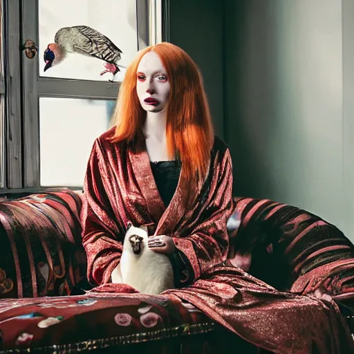 Image similar to a stunning hyper-detailed photo of a slender beautiful woman with straight long ginger hair and bangs, wearing a luxurious silk robe, wearing headphones and posing with her large ginger tabby cat and raccoon and parrots in a red overstuffed easy chair in her Victorian living room, holding a porcelain parrot-shaped coffee mug and a donut, perfect eyes, fashion photography, dramatic cinematic lighting, octane render, IBEX Masters, unreal engine, 85 mm lens, paisley wallpaper