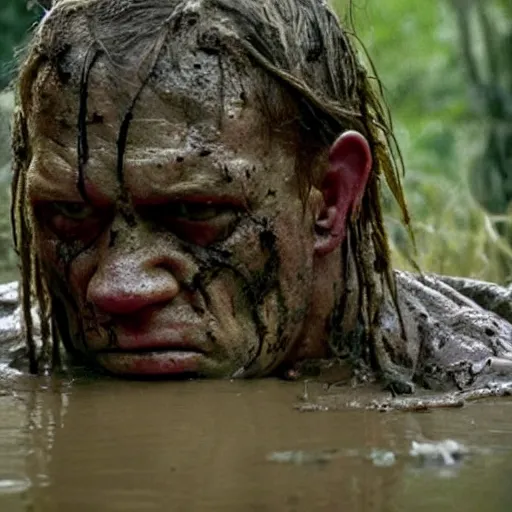 Prompt: film still of john cena as major dutch, covered in mud and hiding from the predator predator predator in swamp scene in 1 9 8 7 movie predator, hd, 4 k