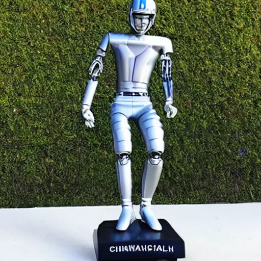 Image similar to “ a realistic detailed photo of a guy who is an attractive humanoid who is half robot and half humanoid, who is a male android, football player christian mccaffrey, shiny skin, posing like a statue, blank stare, on the field, on display ”