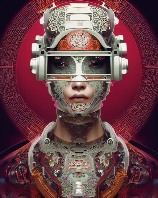 Image similar to portrait of a cyberpunk machine, machine face, upper half portrait, decorated with chinese opera motifs, asian, fine china, traditional chinese art, intricate, elegant, highly detailed, symmetry, headpiece, digital painting, artstation, concept art, smooth, sharp focus, illustration, art by artgerm and greg rutkowski and alphonse mucha, 8 k