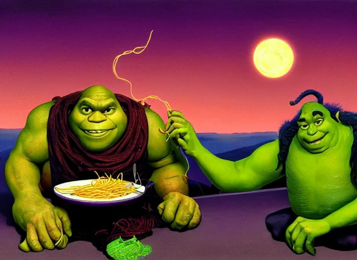 Image similar to painting of shrek and thanos eating spaghetti at dusk, in the style of michael whelan and james gurney and wayne barlowe