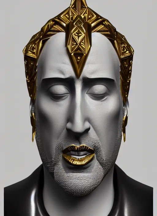 Prompt: stylized gold onyx ornate statue full body made of marble of nicholas cage, perfect symmetrical body, perfect symmetrical face, hyper realistic, hyper detailed, by johannen voss, by michelangelo, octane render, blender, 8 k, displayed in pure white studio room