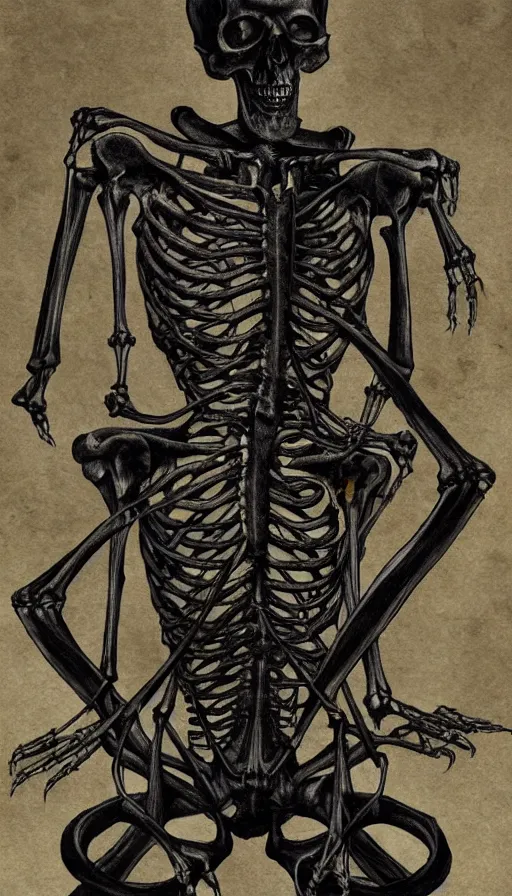 Prompt: full - body portrait of a creepy realistic human skeleton wearing many black snakes and other reptiles as clothing, traditional art, dark, surrealism, german romanticism style, ornate and elegant, hightly detailed