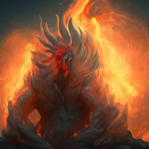 Image similar to a person kneeling before a gigantic god - like figure wrapped in smoke and flames. feature on artstation. digital art.