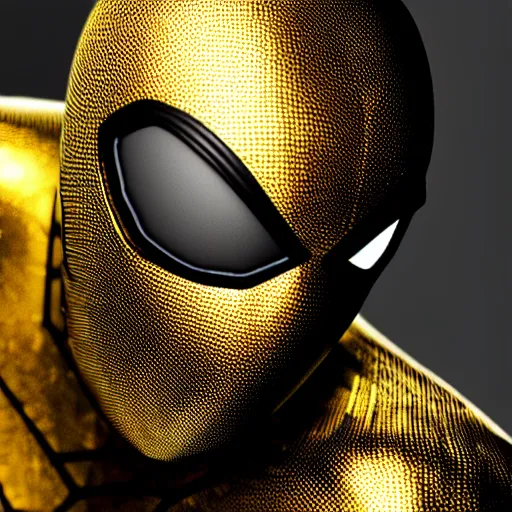 Image similar to gold spider - man suit with black web lining, cinematic, volumetric lighting, realistic, hyperdetailed, photorealistic, photograph