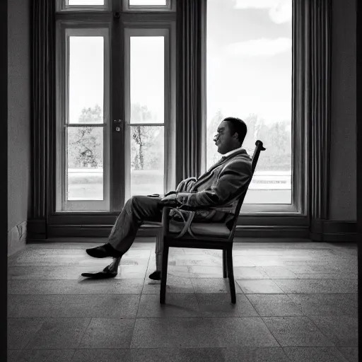 Prompt: man in a chair, XF IQ4, 150MP, 50mm, f/1.4, ISO 200, 1/160s, natural light, Adobe Photoshop, Adobe Lightroom, DxO Photolab, polarizing filter, Sense of Depth, AI enhanced, HDR