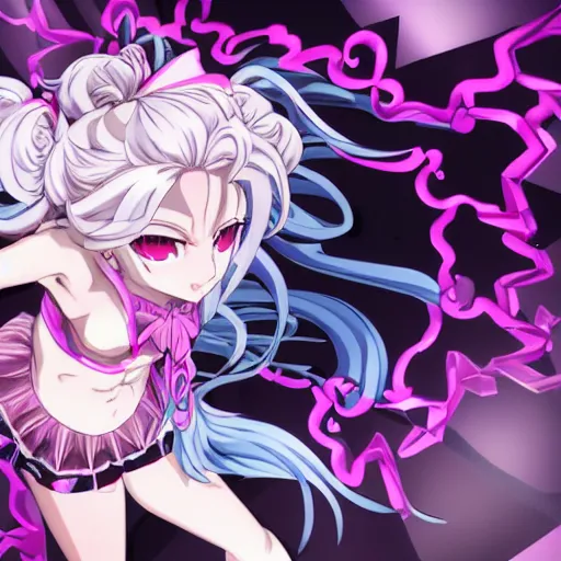 Prompt: stunningly beautiful omnipotent megalomaniacal anime goddess who looks like junko enoshima with porcelain skin, pink twintail hair and mesmerizing cyan eyes, symmetrical perfect face smiling in a twisted, mischievous, devious and haughty way while looking down upon the viewer and taking control, mid view, hyperdetailed, 2 d, 8 k