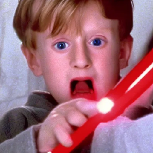 Image similar to A still of Kevin McCallister from Home Alone (1990) with a lightsaber