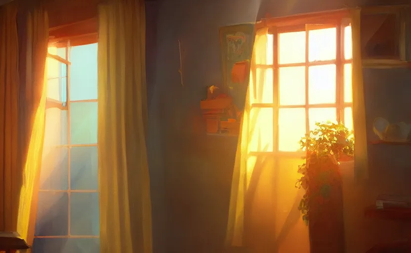 Image similar to rays of the morning sun shining through the window of the village house. very beautiful, clear sky, warm shiny colors, oil painting, high detail, trending on artstation