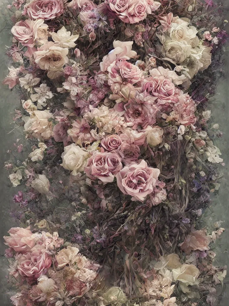 Image similar to a chaotic whirlwind of flowers, intricate details, aesthetically pleasing natural and pastel colors, art by marco mazzoni, impressionism, detailed, dark, flowers