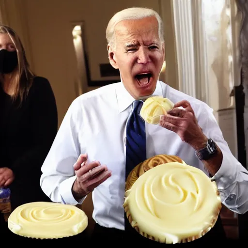 Image similar to terrified out of white chocolate made Joe Biden, melting, yelling for help