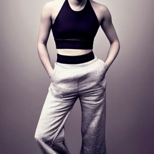 Image similar to Portrait of Emma Watson wearing a crop top and sports pants, luxurious, majestic, by Martin Schoeller