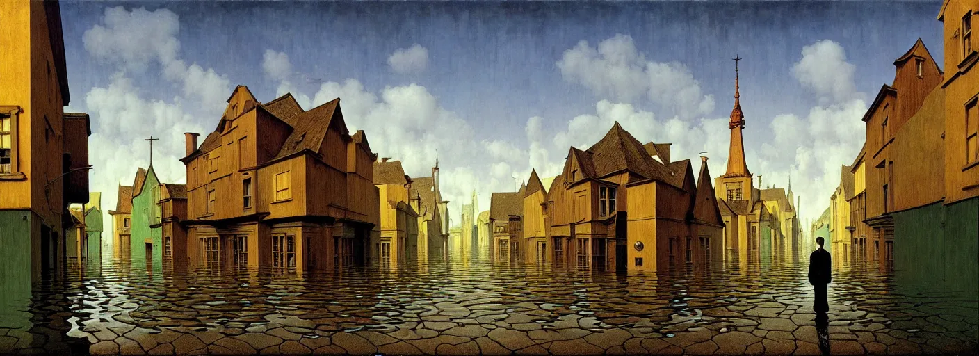 Image similar to flooded! old wooden empty cursed city street, very coherent and colorful high contrast masterpiece by franz sedlacek rene magritte gediminas pranckevicius norman rockwell, full - length view, dark shadows, sunny day, hard lighting, reference sheet white background