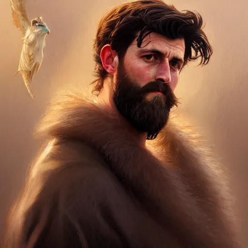 Image similar to Harry Maguire with a majestic beard, closeup, D&D, fantasy, intricate, elegant, highly detailed, digital painting, artstation, concept art, matte, sharp focus, illustration, art by Artgerm and Greg Rutkowski and Alphonse Mucha