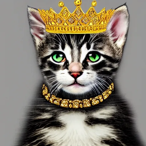 Prompt: a kitten emperor adorned in jewels. hyper realistic, king, gold crown, portrait