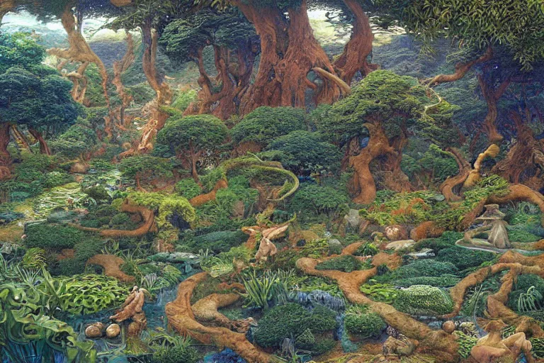 Image similar to hyperdetailed painting of the garden of eden, epic, rendered in octane, painted by alan lee, moebius, giovanni ghisolfi and jan baptist