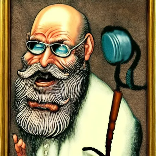 Prompt: old man white beard, synthesizer, notaes and clefs around him, lowbrow surrealistic, in the style of Mark Ryden,