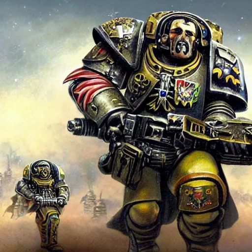 Image similar to a beautiful highly detailed matte painting of Warhammer 40k Space Marine soldier