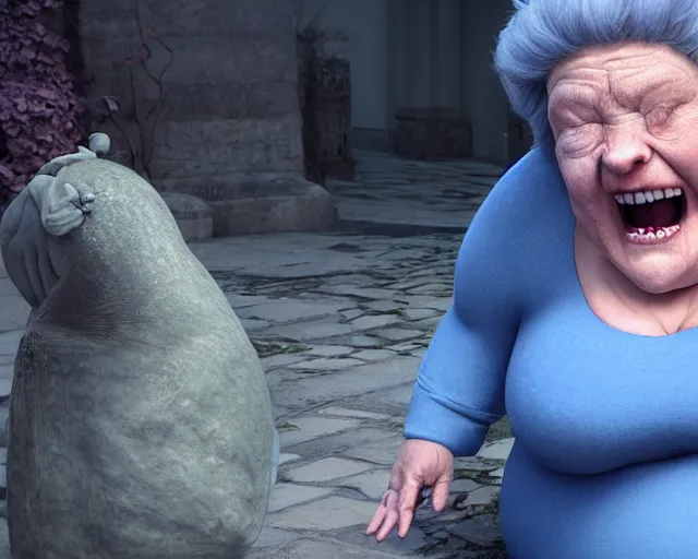 Image similar to of a very beautiful scene. ambient occlusion render. a sweet fat old woman is giving birth to her shadow. hyper realistic. 4 k. wide angle. wild. symmetrical face, red mouth, blue eyes. deep focus, lovely scene. ambient occlusion render. concept art. unreal engine.