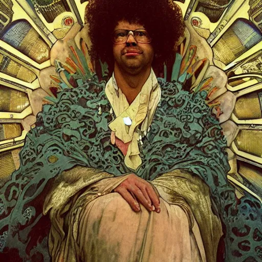 Image similar to richard ayoade sits on his throne as ruler of countdown, oil on canvas, by alphonse mucha, gustave dore, zdzislaw beksinski