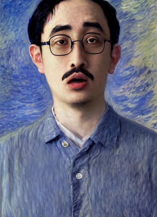 Prompt: Filthy Frank wearing blue dirty spaghetti stained dress shirt, rule of thirds, accurately portrayed, portrait art by Claude Monet, highly detailed, digital painting, concept art, illustration, imperial Japanese flag background, trending on artstation, very detailed, smooth, sharp focus, octane render, close up