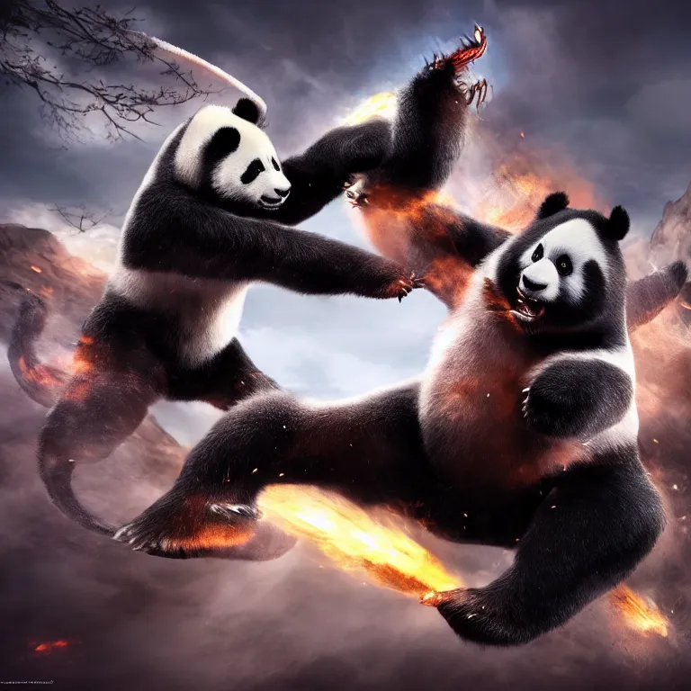 Prompt: Kong Fu Panda fighting a dragon , cinematic lighting, photorealistic image, 8k, ultra detailed, high resolution,