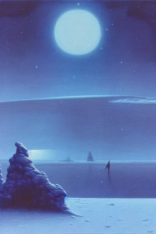 Image similar to emissary space by arthur haas and bruce pennington and john schoenherr, planet hoth, snowy mountains, blue hour, cinematic matte painting, 8 k, color palate alien planet under arctic moonlight by moebius, dark color palate,