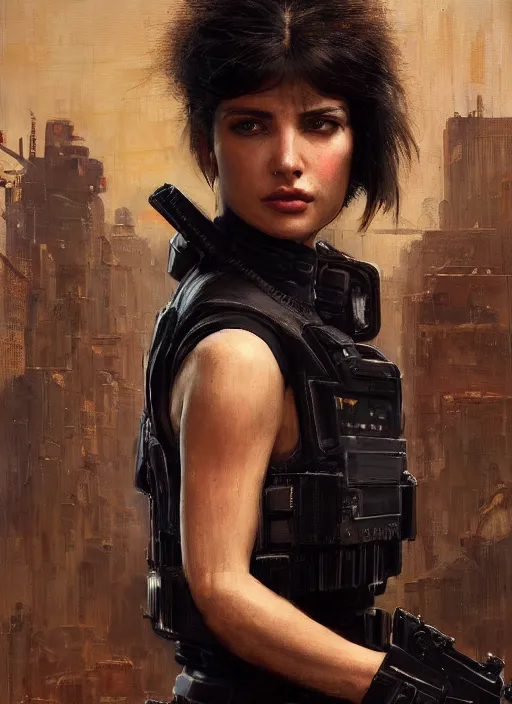 Image similar to 💃🏻. cyberpunk police trooper in a military vest ( blade runner 2 0 4 9, cyberpunk 2 0 7 7 ). orientalist portrait by john william waterhouse and james gurney and theodore ralli and nasreddine dinet, oil on canvas. cinematic, hyper realism, realistic proportions, dramatic lighting, high detail 4 k