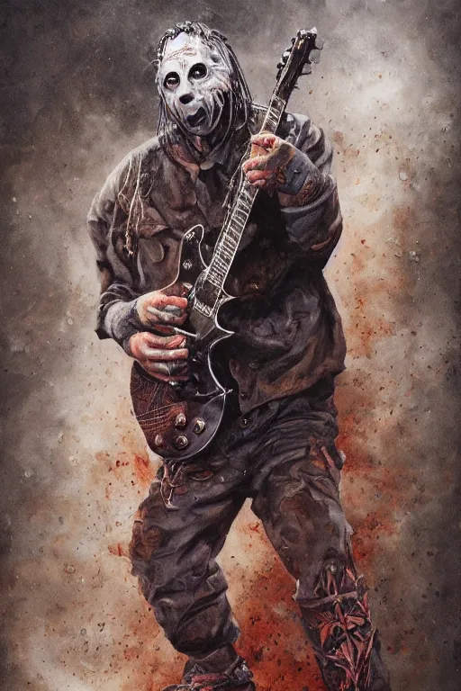 Image similar to a full body high detail fantasy portrait oil painting illustration of slipknot band by justin sweet with face and body clearly visible, in a scenic background, insane, realistic proportions, d & d, rpg, forgotten realms, artstation trending, high quality, sombre mood, artstation trending, muted colours, entire person visible!