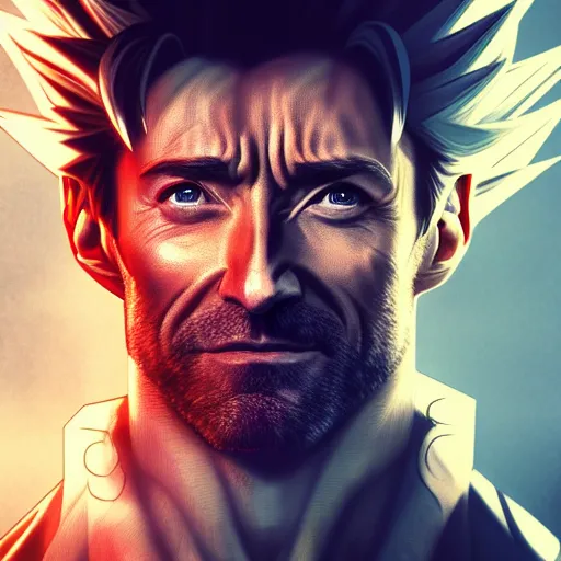 Image similar to Hugh Jackman is Goku, hyperdetailed, artstation, cgsociety, 8k