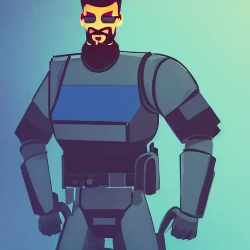 Image similar to Character design police man, man in dark blue full, concept art character, very high angle view,left arm of the robot, book cover, very attractive man with beard, walking in cyberpunk valley highly detailed full body, strong masculine features, sturdy body, command presence, police man!!, royalty, smooth, sharp focus, organic, appealing, deep shadows, sketch lineart for character design