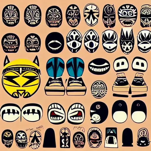 Image similar to sneaker design designed by studio ghibli, aztec mayan street fashion native punk sneaker design, majora's mask, wearing wooden mask, hip hop sneaker design with subtle mayan patterns, gapmoe yandere grimdark, trending on pixiv fanbox, painted by greg rutkowski makoto shinkai takashi takeuchi studio ghibli, akihiko yoshida