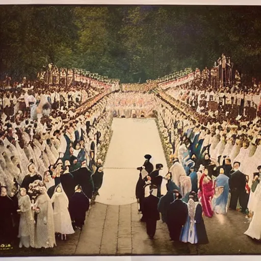 Prompt: a wide full shot, colored russian and japanese mix historical fantasy of a photograph taken of a royal wedding processional ceremony, photographic realistic, warm lighting, 1 9 0 7 photo from the official wedding photographer for the royal wedding.