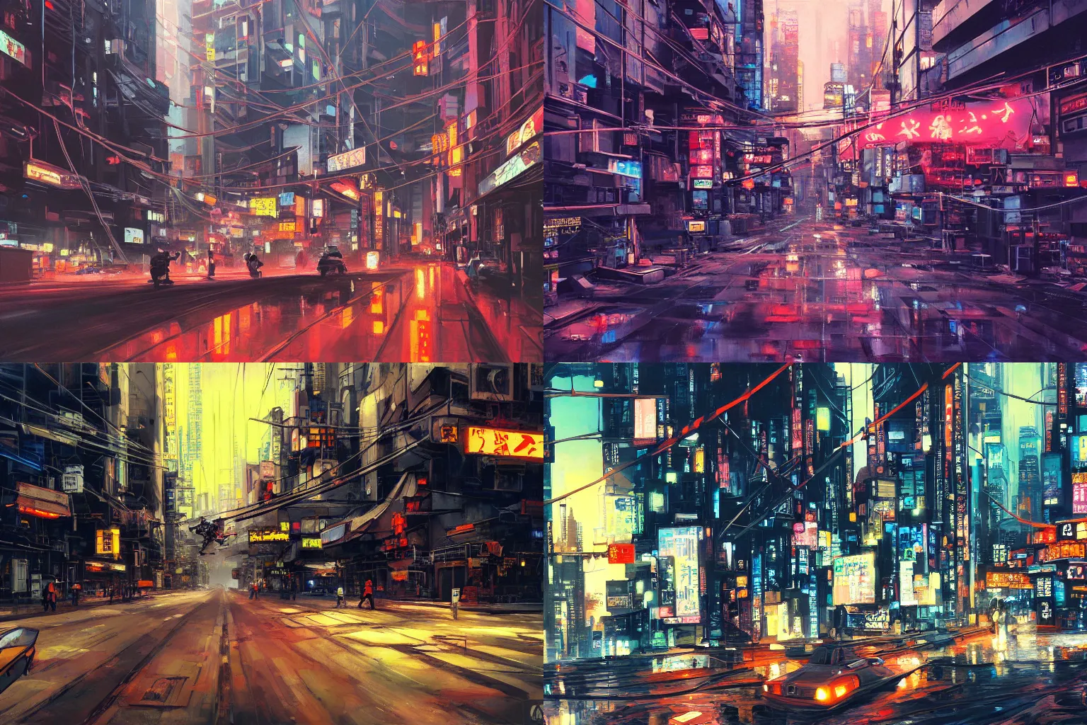 Prompt: oil painting, yoji shinakawa, studio gainax, neo-noir cyberpunk city, dynamic perspective, wires, street