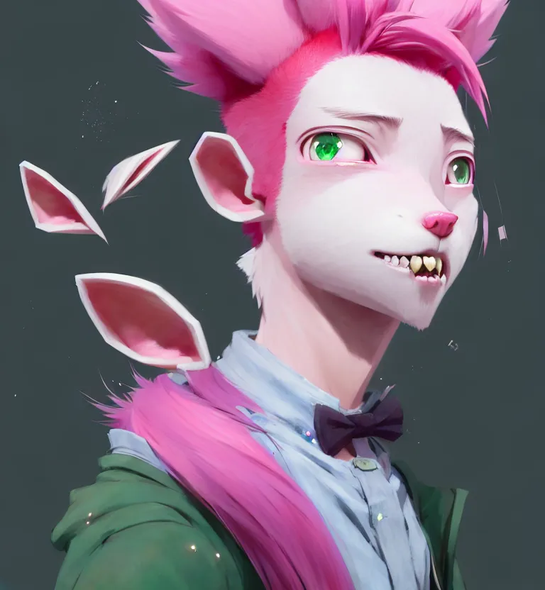 Image similar to a beautiful headshot portrait of a cute anime male boy with pink hair and pink fox ears and piercings and green eyes. character design by cory loftis, fenghua zhong, ryohei hase, ismail inceoglu and ruan jia. artstation, volumetric light, detailed, photorealistic, fantasy, rendered in octane