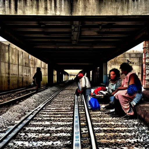 Prompt: poor people life under railway bridge, award winning, realistic, 4 k, hyper details, portrait by steve mccury and annie leibovitz and chindy sherman, best on adobe stock, cinematic, detailed place and people