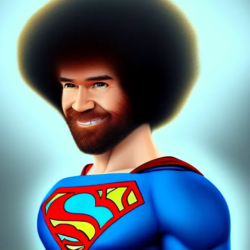 Image similar to award winning commission portrait of bob ross as superman,digital art,hyperdetailed,detailed face,ross tran,character design by charles bowater,deviantart,artstation,photorealistic,4k