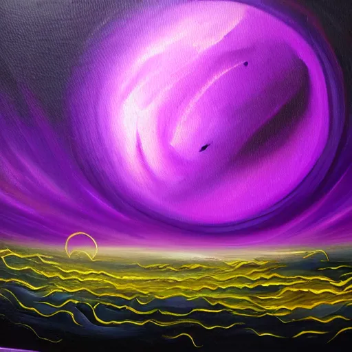 Image similar to purple mystical planet, oil painting, detailed, brush strokes, vivid, gothic, dark, brooding