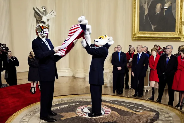 Prompt: photo of the usa presidential inauguration, a lion fursuiter being inaugurated as president