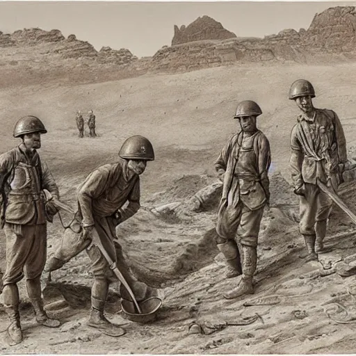 Prompt: ultra detailed photorealistic sepia - toned line drawing from 1 9 1 7, a small group of british soldiers standing at an archaeological dig site in wadi rum, ultra realistic, painted, intricate details, lovecraft, atmospheric, dark, horror, brooding, highly detailed, by clyde caldwell