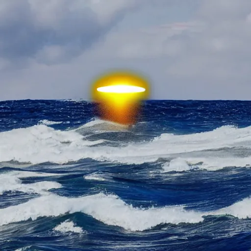 Image similar to the photo shows a large, disk - shaped object hovering in the sky above the ocean waves and mountains. the object appears to be surrounded by a golden bright aura. there is no sign of any engines or propulsion system. the photo was taken by a professional photographer.