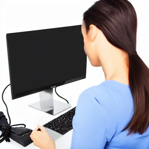 Prompt: hdmi cable plugged in, back of head, woman, computer