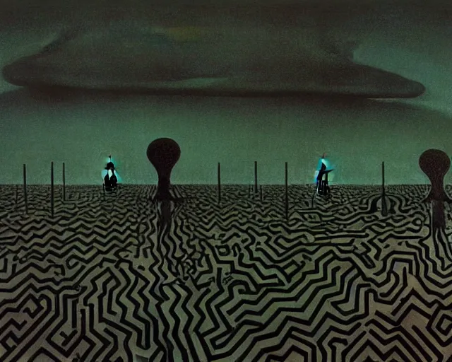 Image similar to black rainbows by Magritte, Keith Haring, and Beksinski