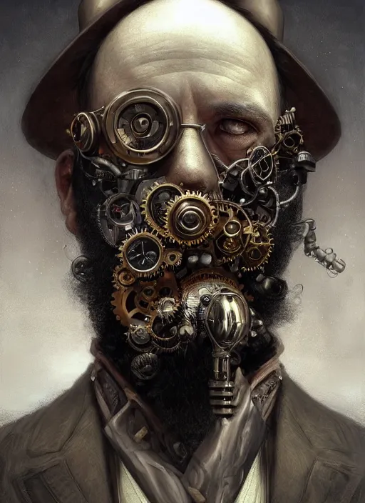 Image similar to portrait of a steampunk bearded king, grim - lighting, high - contrast, intricate, elegant, highly detailed, centered, digital painting, artstation, concept art, smooth, sharp focus, illustration, artgerm, tomasz alen kopera, peter mohrbacher, donato giancola, joseph christian leyendecker, wlop, boris vallejo