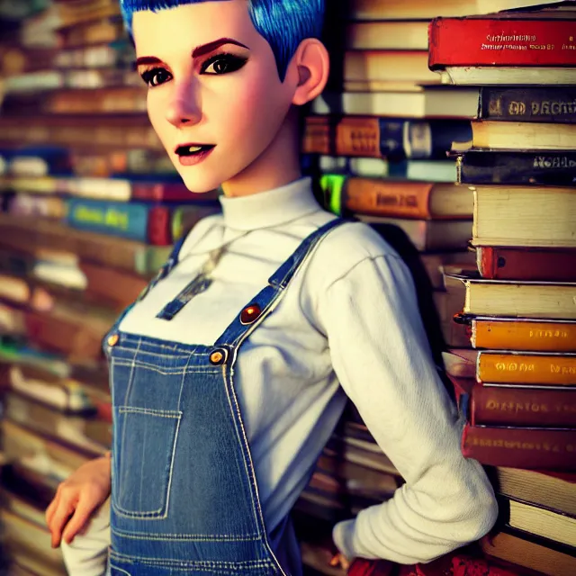 Image similar to full body pose, beautiful adult book fairy, pixar, short white hair shaved sides, dirty, grungy, grunge, long sleeve, painted overalls, stacks of giant books, highly detailed, 4 k, hdr, smooth, sharp focus, high resolution, award - winning photo, artgerm, photorealistic