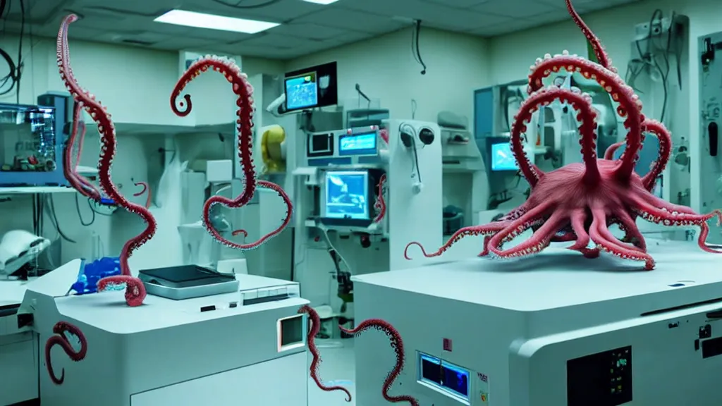 Image similar to a complex bifurcated surgical arm hack mri 3 d printer machine making colorful mutant octopus forms and control panels in the laboratory inspection room, film still from the movie directed by denis villeneuve with art direction by salvador dali, wide lens