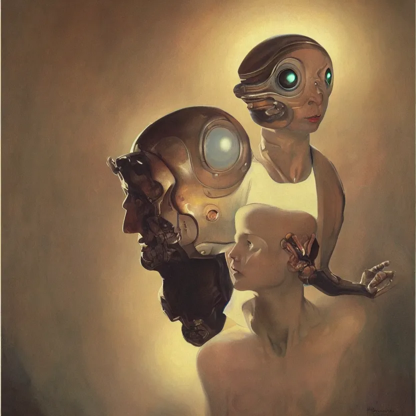 Image similar to portrait painting of an elegantly beautiful alien with glowing eyes, by norman rockwell. muted colors, soft gradients. baroque period, renaissance masterpiece. black background. trending on artstation. retrofuturism.